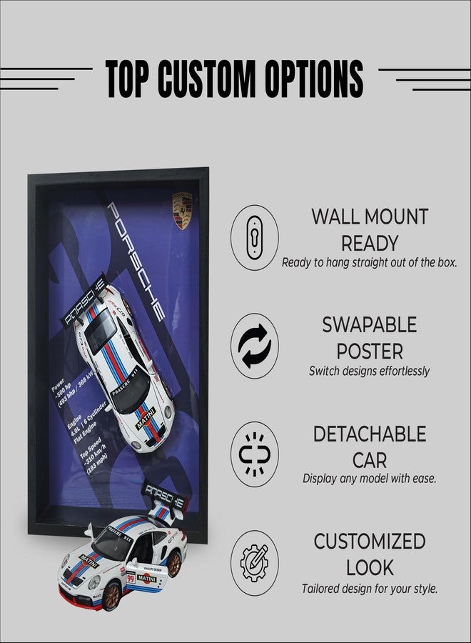 CodersParadise - Porsche GT3 RS 3D Car Frame Wall Art | 1:32 Die-Cast Metal Model Car with Red & Blue Racing Stripes | Wooden Display Frame, Detachable Miniature, Interchangeable Posters, Pull-Back Action, Lights & Opening Doors | Collectible Gift for Cars Lovers - Image 4